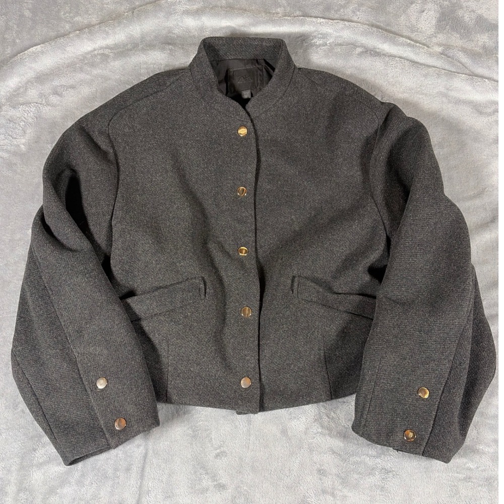 Zara Dark Grey Cropped Bomber Jacket Gold Snap Button Wool Blend 8741/221 M